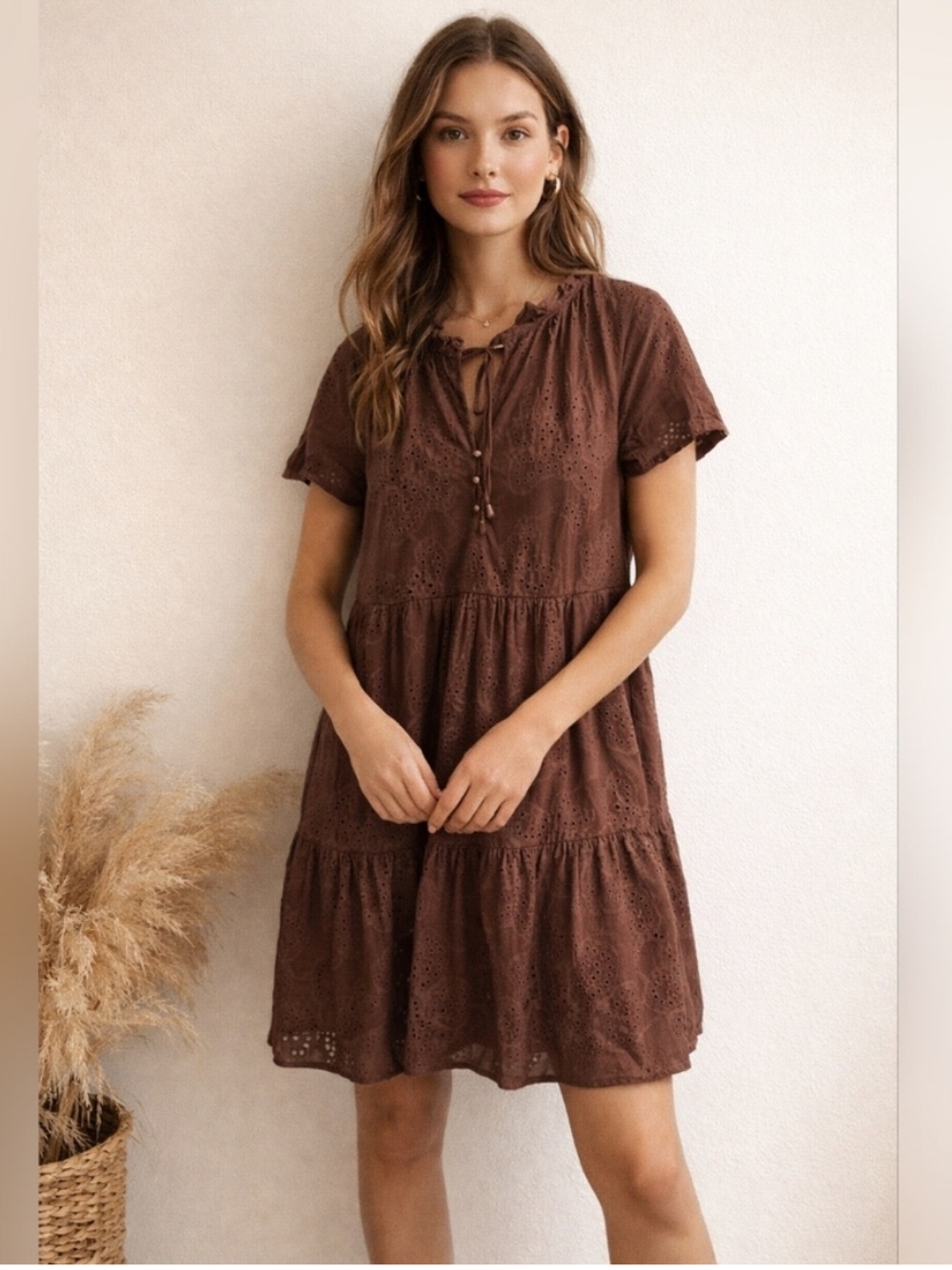 Joie Chocolate Cotton Eyelet Mini Dress XL Boho, Spring, Coastal, Embroidered
